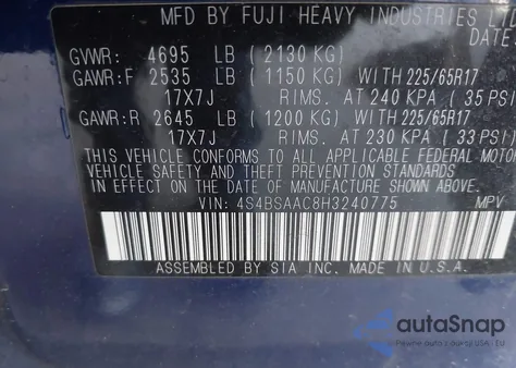 2017 Subaru Outback 2.5I z USA, uszkodzony, nr VIN 4S4BSAAC8H3240775